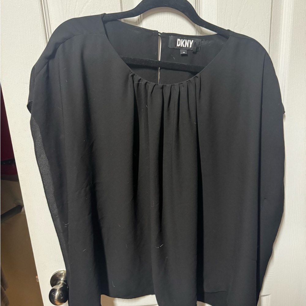 DKNY Black Pleated Neck Blouse